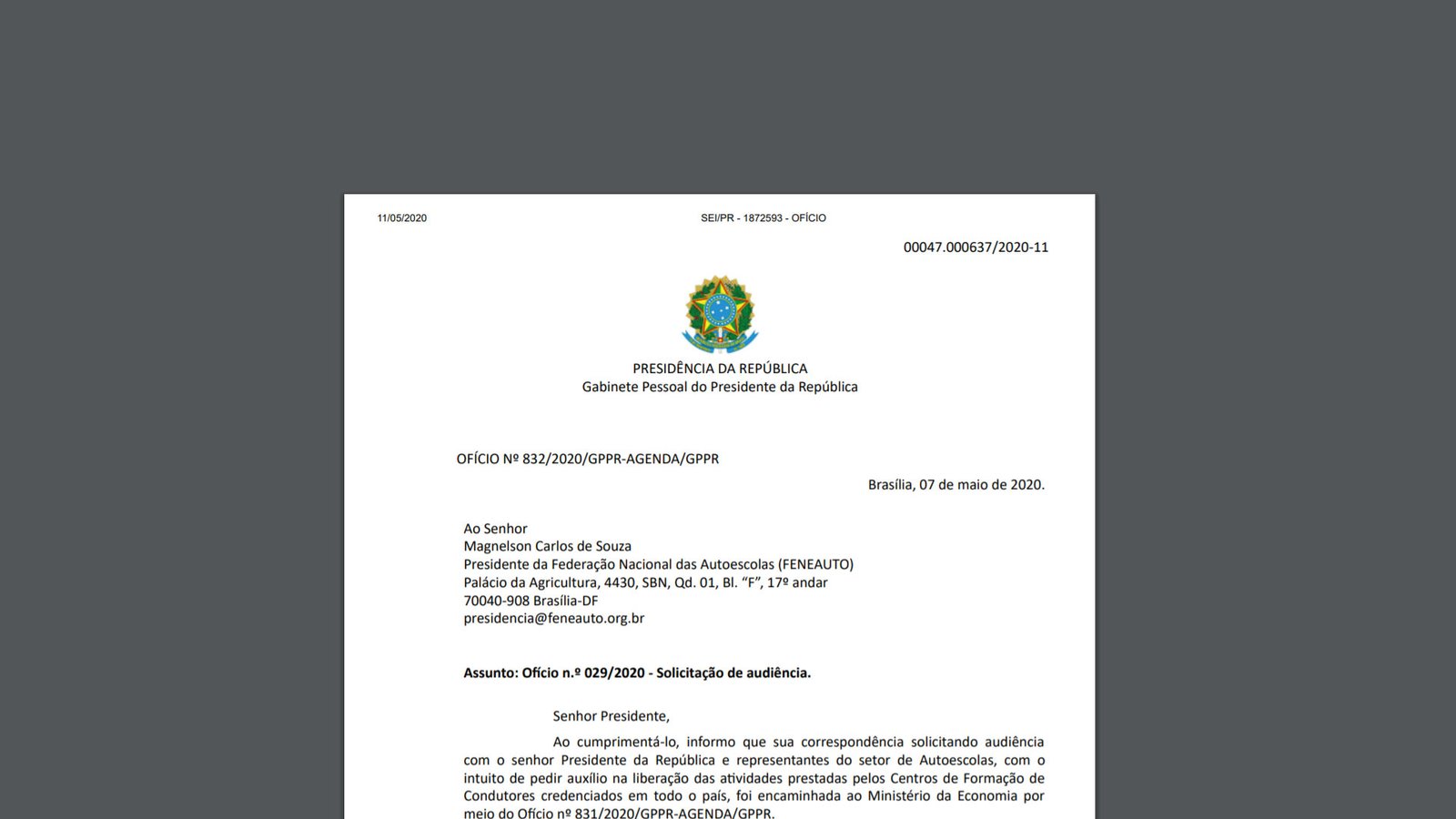 Gabinete da presidência da República responde solicitação da Feneauto sobre retomada das atividades das autoescolas
